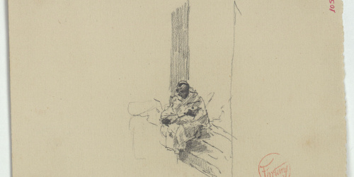 image for: Marià Fortuny - Figura femenina asseguda (anvers) / Croquis d&#039;un pom d&#039;espasa (revers) - Cap a 1871