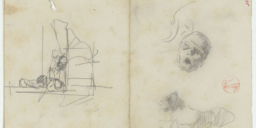 image for: Marià Fortuny - Croquis de figures, màscara i gos - Cap a 1867-1872