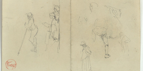 image for: Marià Fortuny - Pidolaires i altres figures masculines (anvers) / Esbós de figures i figures al llindar d&#039;una porta (revers) - Cap a 1863-1866