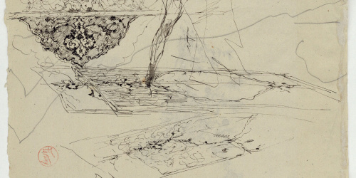 image for: Marià Fortuny - Croquis de tapissos (anvers) / Branques amb fulles i fruits (revers) - Cap a 1870-1872