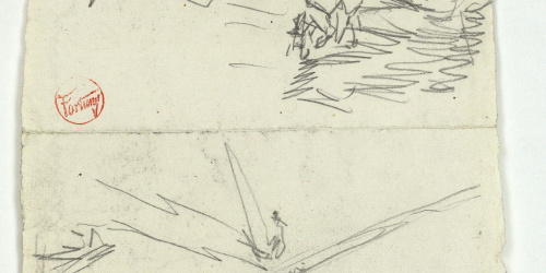 image for: Marià Fortuny - Esbós de barcassa amb figures i figures sostenint un objecte llarg - Cap a 1874