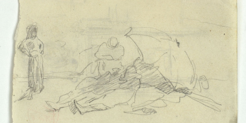 image for: Marià Fortuny - Figures a la platja (anvers) / Porta i ornamentació de sobreporta (revers) - Cap a 1874