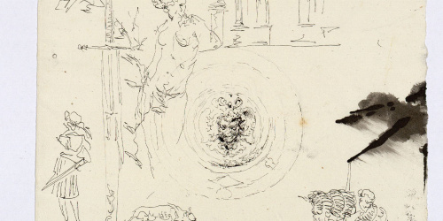 image for: Marià Fortuny - Croquis de figures, detalls arquitectònics, motius ornamentals i espases - Cap a 1870-1872