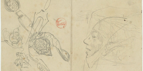 image for: Marià Fortuny - Espases d&#039;estil musulmà i un cap (anvers) / Croquis inconcret (revers) - Cap a 1870-1872