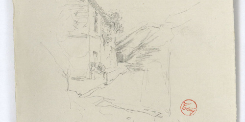 image for: Marià Fortuny - Casa de poble i figures (anvers) / Composició geomètrica (revers) - Cap a 1870-1872