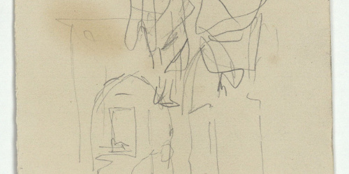 image for: Marià Fortuny - Figures i porxada (anvers) / Croquis de poblat amb figures (revers) - Cap a 1860-1862