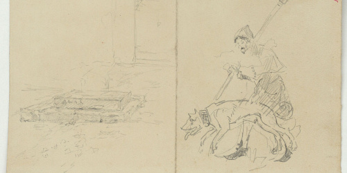 image for: Marià Fortuny - Esglaons d&#039;accés a una casa i figura amb indumentària medieval i gos (anvers) / Còpia de figures d&#039;escenes medievals de la Sala dels Reis de l&#039;Alhambra (revers) - Cap a 1867-1872