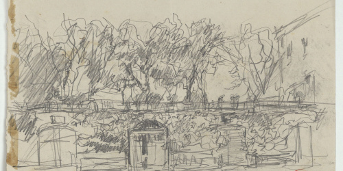 image for: Marià Fortuny - Esbós d'una casa, mur i arbres (anvers) / Croquis de figures i home assegut (revers) - Cap a 1870-1874