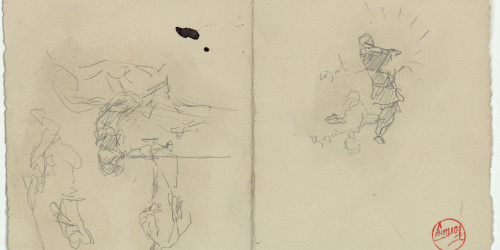 image for: Marià Fortuny - Croquis de figures (anvers) / Poblat amb figures (revers) - Cap a 1860-1862
