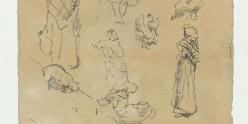 image for: Marià Fortuny - Esbós de figures (anvers) / Tàpia i arbust (revers) - Cap a 1867-1872