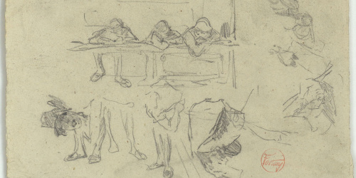 image for: Marià Fortuny - Figures recolzades en una llotja, estudi de cames, croquis de cames i croquis inconcrets - Cap a 1863-1872