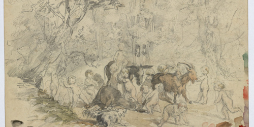 image for: Marià Fortuny - Amorets i animals al bosc (anvers) / Estudi acadèmic de figura masculina (revers) - Cap a 1860-1863