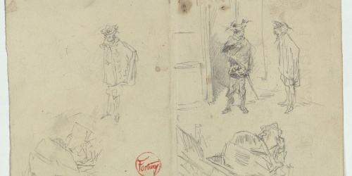image for: Marià Fortuny - Coverol i actor, i representació teatral (anvers) / Croquis inconcrets i anotacions (revers) - Cap a 1863-1865