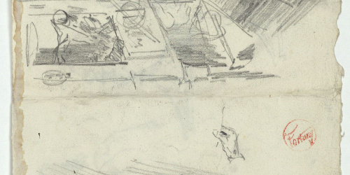 image for: Marià Fortuny - Esbós d&#039;escenari teatral i coverol (anvers) / Gerra, copa i altres esbossos (revers) - Cap a 1863-1865