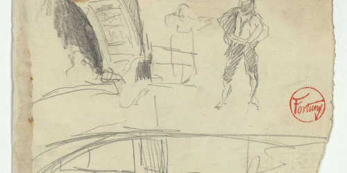 image for: Marià Fortuny - Croquis inconcret i figura masculina (anvers) / Músics (revers) - Cap a 1863-1867