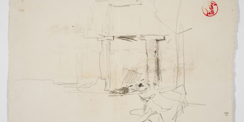 image for: Marià Fortuny - Esbós d&#039;estructura arquitectònica amb figura (anvers) / Escribans (revers) - Cap a 1865-1868