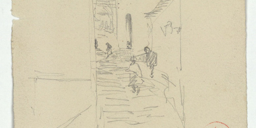 image for: Marià Fortuny - Carrer amb figures (anvers) / Croquis de figures (revers) - Cap a 1870-1872