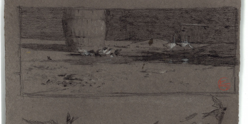image for: Marià Fortuny - Ocells i ànecs en un corral i estudi d&#039;orenetes (anvers) / Homes amb casaques (revers) - Cap a 1870-1872