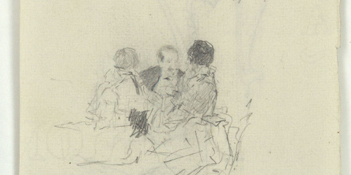 image for: Marià Fortuny - Figures assegudes (anvers) / Part superior d&#039;una espasa i croquis de figures (revers) - Cap a 1867-1872