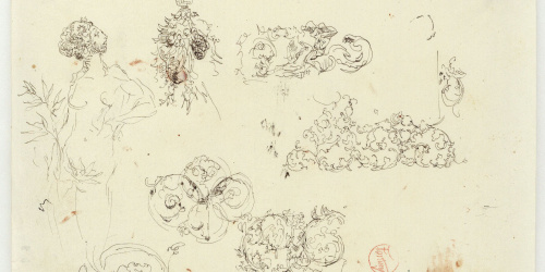 image for: Marià Fortuny - Esbós de figura i sanefes amb motius florals - Cap a 1867-1870