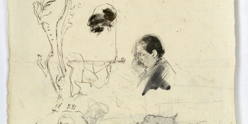 image for: Marià Fortuny - Animals heràldics i caps d'home (anvers) / Croquis d'estructura arquitectònica i columna salomònica (revers) - Cap a 1870-1872