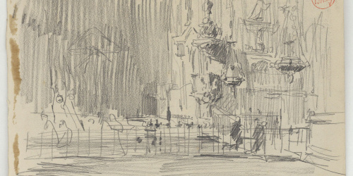 image for: Marià Fortuny - Interior d&#039;una església (anvers) / Carrer i entrada d&#039;una casa amb una figura femenina (revers) - Cap a 1870-1872