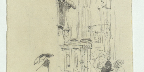 image for: Marià Fortuny - Façana d&#039;església en dia de pluja (anvers) / Entrada amb figura (revers) - Cap a 1868