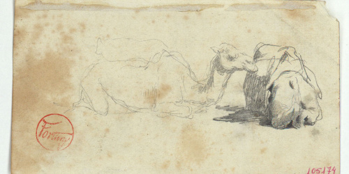 image for: Marià Fortuny - Estudi per a l&#039;aquarel·la «El cameller» (anvers) / Esbós de toro i cavall (revers) - Cap a 1862-1865