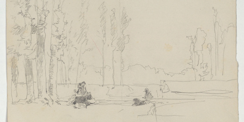 image for: Marià Fortuny - Figures en un bosc (anvers) / Carrer amb figures femenines (revers) - Cap a 1867-1872