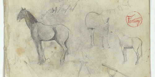 image for: Marià Fortuny - Cavalls i telescopi (anvers) / Arbres (revers) - Cap a 1860