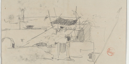 image for: Marià Fortuny - Vista d&#039;un poblat (anvers) / Croquis d&#039;un poblat (revers) - Cap a 1870-1874