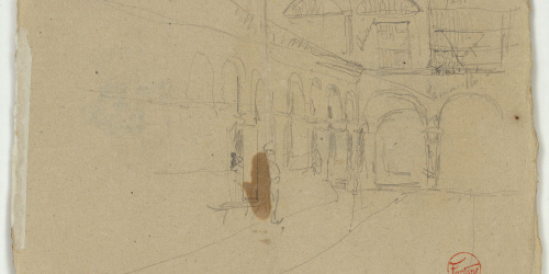image for: Marià Fortuny - Esbós d&#039;una plaça porxada (anvers) / Esbós de figures (revers) - Cap a 1866-1872