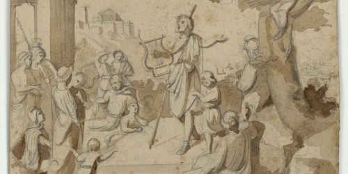 image for: Marià Fortuny - Homer recitant poemes (anvers) / Croquis de figures (revers) - Cap a 1855-1856