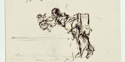 image for: Marià Fortuny - Dona jugant amb un nadó i croquis inconcret (anvers) / Genet a cavall (revers) - Cap a 1867-1872