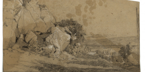 image for: Marià Fortuny - Paisatge rocós (anvers) / Músics marroquins (revers) - Cap a 1860-1862