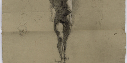 image for: Marià Fortuny - Estudi de nu masculí (anvers) / Fragment d&#039;un lleó i imatges sobreposades (revers) - Cap a 1860