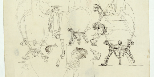 image for: Marià Fortuny - Vasos d'estil musulmà amb suport   (anvers) / Caps masculins i motiu ornamental (revers) - Cap a 1870-1872