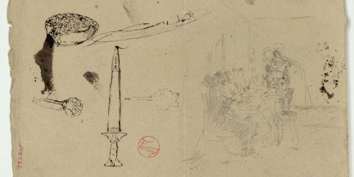 image for: Marià Fortuny - Anells, espasa i esbós de figures assegudes (anvers) / Croquis inconcret (revers) - Cap a 1867-1872