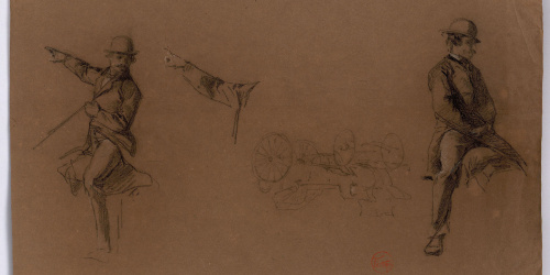 image for: Marià Fortuny - Estudi per al quadre «La reina Maria Cristina passant revista a les tropes» [?] (anvers) / Esbós de cotxe de cavalls (revers) - Cap a 1865-1866