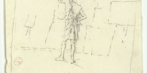 image for: Marià Fortuny - Home amb indumentària del segle XVIII, mirant quadres - Cap a 1863-1867