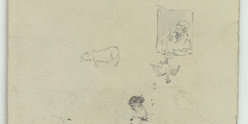 image for: Marià Fortuny - Tàpia i teulada d'una casa, dona plomant una au, un altre animal i figura femenina asseguda (anvers) / Esbós de figures i sanefa amb motius florals (revers) - Cap a 1870-1872