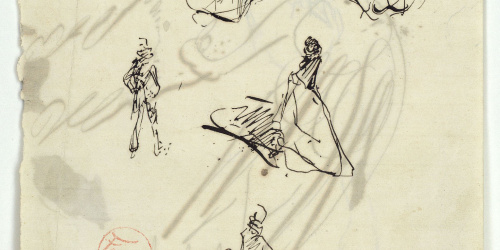 image for: Marià Fortuny - Figures femenines i masculines (anvers) / Estudi per a l&#039;aquarel·la «Mascarada» (revers) - Cap a 1868-1870