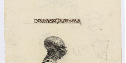 image for: Marià Fortuny - Armadura i sanefa decorativa (anvers) / Croquis de cascs, escuts i altres (revers) - Cap a 1867-1872