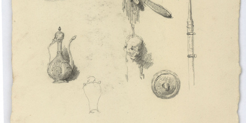 image for: Marià Fortuny - Càntir, setrill, escut, puntes de llança i altres armes - Cap a 1870-1872