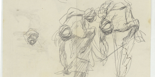 image for: Marià Fortuny - Estudi per al quadre «L'esmolador de sabres» (anvers) / Croquis inconcrets, cap de marroquí i genets a cavall (revers) - Cap a 1872