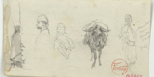 image for: Marià Fortuny - Marroquins i un bou (anvers) / Croquis de figura i motiu ornamental (revers) - Cap a 1860-1862