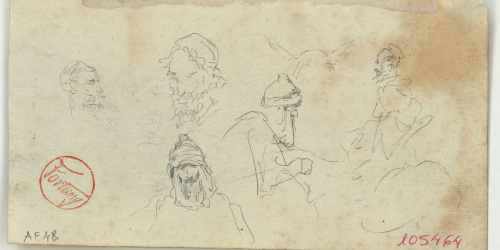 image for: Marià Fortuny - Caps de marroquins (anvers) / Casa marroquina, croquis de figura masculina i croquis inconcret (revers) - Cap a 1860-1862