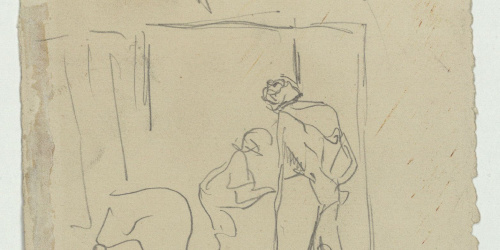 image for: Marià Fortuny - Estudi per a l'aquarel·la «El venedor de tapissos» (anvers) / Croquis de marroquins (revers) - Cap a 1870