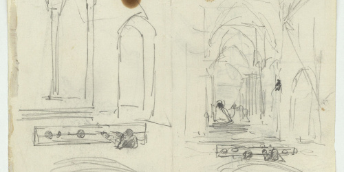 image for: Marià Fortuny - Estudis per al quadre «El tribunal de l&#039;Alhambra» (anvers) / Figures en un interior i vas decorat (revers) - Cap a 1871
