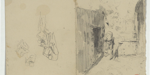 image for: Marià Fortuny - Estudi per al quadre «L&#039;esmolador de sabres» (anvers) / Croquis de casc (revers) - Cap a 1872